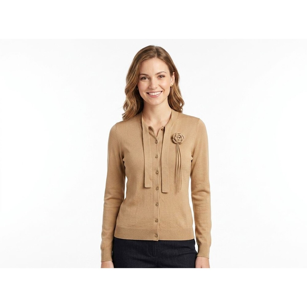 Bogari Silk Blend Cardigan Sweater Small Tan Rosette Tie Neck Button Front